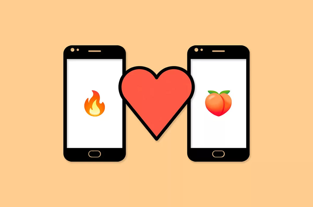 La imagen ilustra dos teléfonos con iconos de aplicaciones de citas enfrentados y un corazón entre ellos, simbolizando el emparejamiento y el romance en el mundo digital.